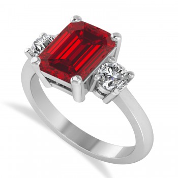 Emerald & Round 3-Stone Ruby & Diamond Engagement Ring 14k White Gold (3.00ct)