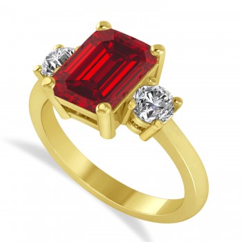 Emerald & Round 3-Stone Ruby & Diamond Engagement Ring 14k Yellow Gold (3.00ct)