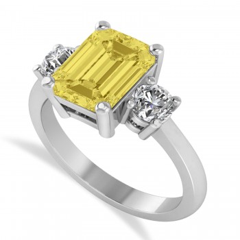 Emerald & Round 3-Stone Yellow & White Diamond Engagement Ring 14k White Gold (3.00ct)