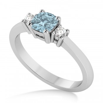 Cushion Aquamarine & Diamond Three-Stone Engagement Ring 14k White Gold (0.60ct)