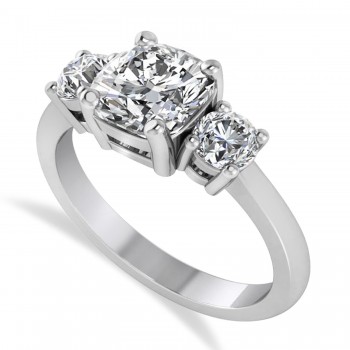 Cushion & Round 3-Stone Diamond Engagement Ring 14k White Gold (2.50ct)