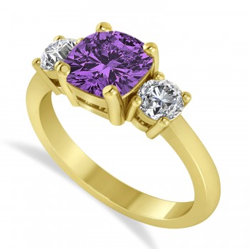 Cushion & Round 3-Stone Amethyst & Diamond Engagement Ring 14k Yellow Gold (2.50ct)
