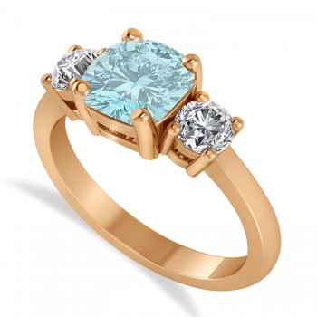 CuCushion & Round 3-Stone Aquamarine & Diamond Engagement Ring 14k Rose Gold (2.50ct)