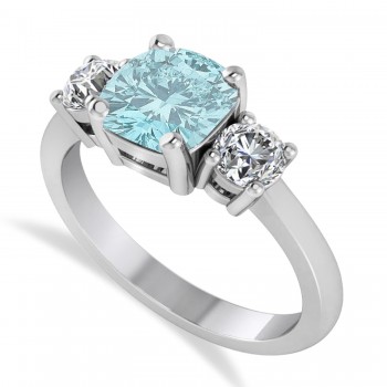 Cushion & Round 3-Stone Aquamarine & Diamond Engagement Ring 14k White Gold (2.50ct)