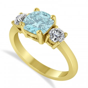 Cushion & Round 3-Stone Aquamarine & Diamond Engagement Ring 14k Yellow Gold (2.50ct)