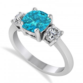 Cushion & Round 3-Stone Blue & White Diamond Engagement Ring 14k White Gold (2.50ct)