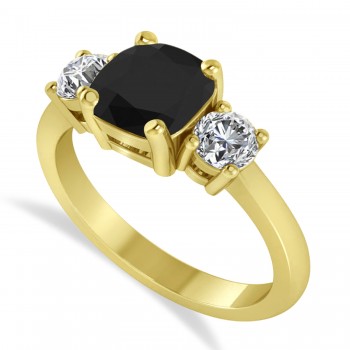 Cushion & Round 3-Stone Black & White Diamond Engagement Ring 14k Yellow Gold (2.50ct)