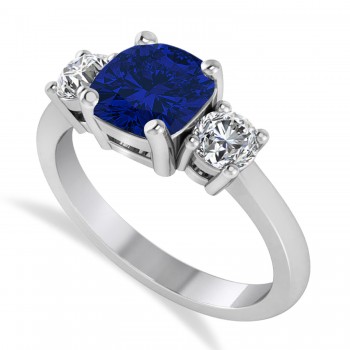 Cushion & Round 3-Stone Blue Sapphire & Diamond Engagement Ring 14k White Gold (2.50ct)