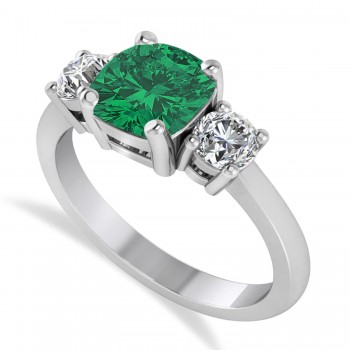 Cushion & Round 3-Stone Emerald & Diamond Engagement Ring 14k White Gold (2.50ct)