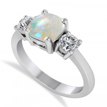 Cushion & Round 3-Stone Opal & Diamond Engagement Ring 14k White Gold (2.50ct)