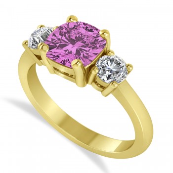 Cushion & Round 3-Stone Pink Sapphire & Diamond Engagement Ring 14k Yellow Gold (2.50ct)