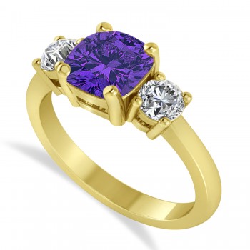 Cushion & Round 3-Stone Tanzanite & Diamond Engagement Ring 14k Yellow Gold (2.50ct)