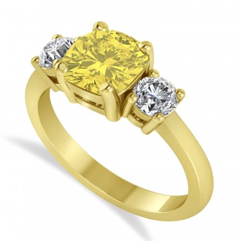 Cushion & Round 3-Stone Yellow & White Diamond Engagement Ring 14k Yellow Gold (2.50ct)