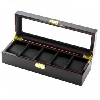 5 Watch Box Case in Ebony Wood w/ Locking Lucite Display Top