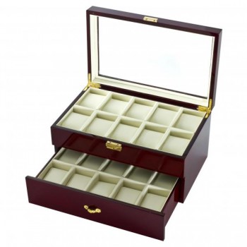 Two Tier 20 Watch Box Case in Cherrywood w/ Locking Lucite Display Top