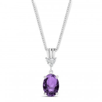 Oval Shape Amethyst & Diamond Pendant Necklace 14k White Gold (0.90ct)