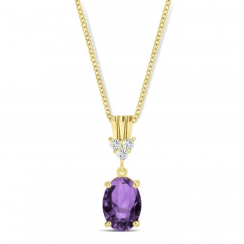 Oval Shape Amethyst & Diamond Pendant Necklace 14k Yellow Gold (0.90ct)