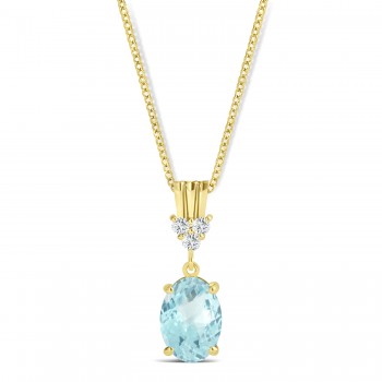 Oval Shape Aquamarine & Diamond Pendant Necklace 14k Yellow Gold (0.80ct)