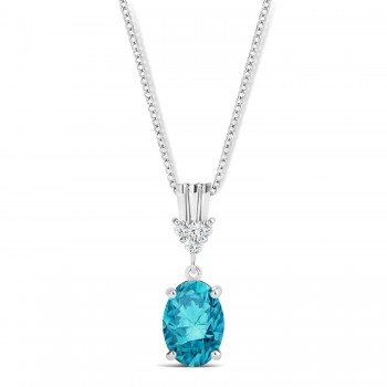 Oval Shape Blue Diamond & Diamond Pendant Necklace 14k White Gold (0.80ct)