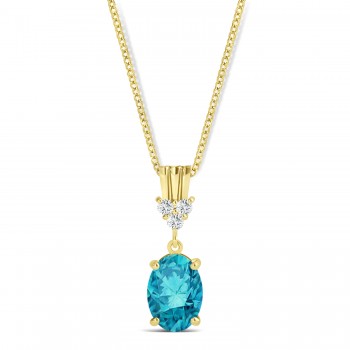 Oval Shape Blue Diamond & Diamond Pendant Necklace 14k Yellow Gold (0.80ct)