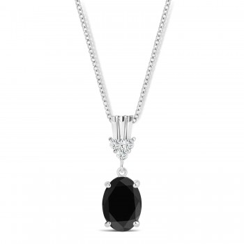 Oval Shape Black Diamond & Diamond Pendant Necklace 14k White Gold (0.80ct)