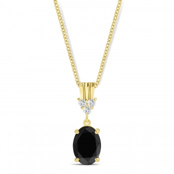 Oval Shape Black Diamond & Diamond Pendant Necklace 14k Yellow Gold (0.80ct)