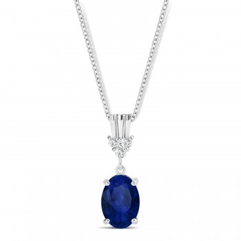 Oval Shape Blue Sapphire & Diamond Pendant Necklace 14k White Gold (1.05ct)