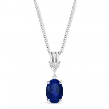 Oval Shape Blue Sapphire & Diamond Pendant Necklace 14k White Gold (1.05ct)