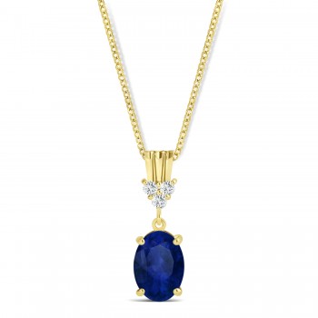 Oval Shape Blue Sapphire & Diamond Pendant Necklace 14k Yellow Gold (1.05ct)