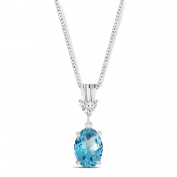 Oval Shape Blue Topaz & Diamond Pendant Necklace 14k White Gold (1.15ct)