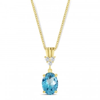 Oval Shape Blue Topaz & Diamond Pendant Necklace 14k Yellow Gold (1.15ct)