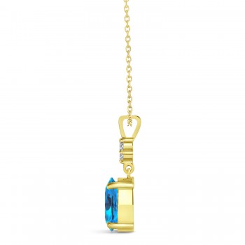 Oval Shape Blue Topaz & Diamond Pendant Necklace 14k Yellow Gold (1.15ct)