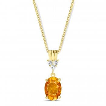 Oval Shape Citrine & Diamond Pendant Necklace 14k Yellow Gold (0.90ct)
