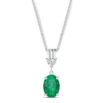 Oval Shape Emerald & Diamond Pendant Necklace 14k White Gold (0.90ct)