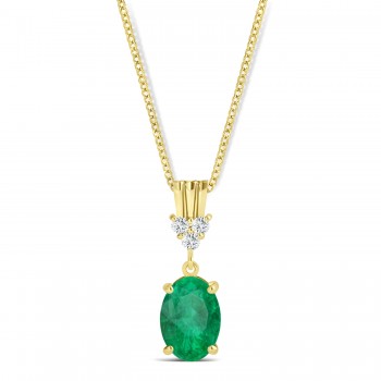 Oval Shape Emerald & Diamond Pendant Necklace 14k Yellow Gold (0.90ct)