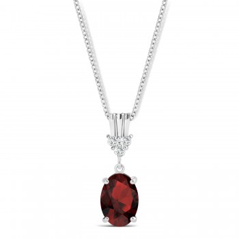 Oval Shape Garnet & Diamond Pendant Necklace 14k White Gold (1.05ct)