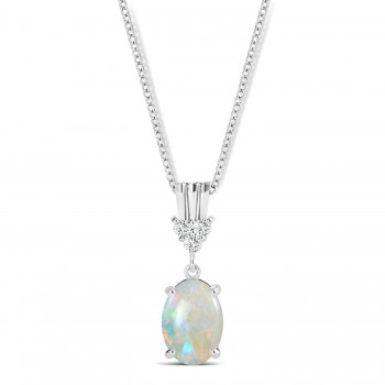 Oval Shape Opal & Diamond Pendant Necklace 14k White Gold (0.55ct)