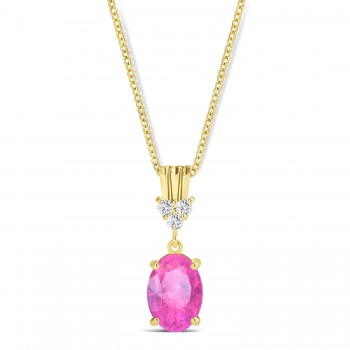 Oval Shape Pink Sapphire & Diamond Pendant Necklace 14k Yellow Gold (1.05ct)