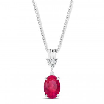 Oval Shape Ruby & Diamond Pendant Necklace 14k White Gold (1.10ct)