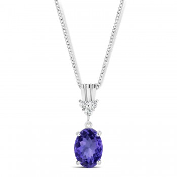 Oval Shape Tanzanite & Diamond Pendant Necklace 14k White Gold (0.90ct)