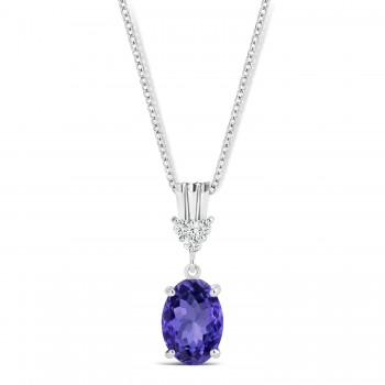 Oval Shape Tanzanite & Diamond Pendant Necklace 14k White Gold (0.90ct)