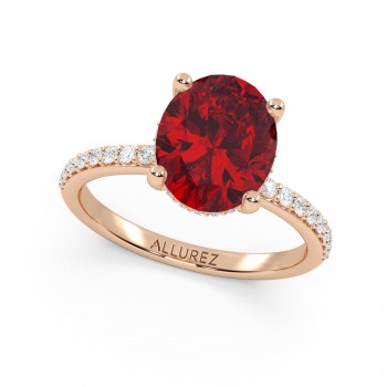 Oval Cut Lab Ruby with Hidden Lab Diamond Engagement Ring 14K Rose Gold (4.07ct)