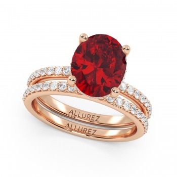 Oval Cut Lab Ruby with Hidden Lab Diamond Bridal Ring Set 14K Rose Gold (4.29ct)