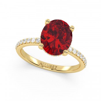 Oval Cut Lab Ruby with Hidden Lab Diamond Engagement Ring 14K Yellow Gold (4.07ct)