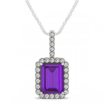 Diamond & Emerald Cut Amethyst Halo Pendant Necklace 14k White Gold (4.25ct)