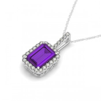 Diamond & Emerald Cut Amethyst Halo Pendant Necklace 14k White Gold (4.25ct)