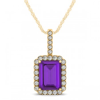 Diamond & Emerald Cut Amethyst Halo Pendant Necklace 14k Yellow Gold (4.25ct)