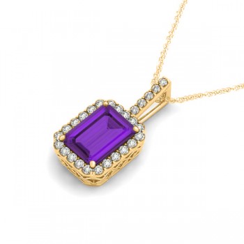 Diamond & Emerald Cut Amethyst Halo Pendant Necklace 14k Yellow Gold (4.25ct)