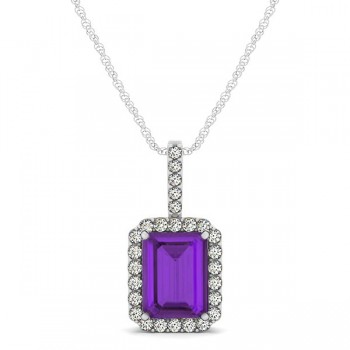 Diamond & Emerald Cut Amethyst Halo Pendant Necklace 14k White Gold (1.19ct)