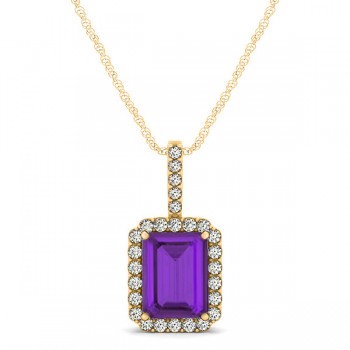 Diamond & Emerald Cut Amethyst Halo Pendant Necklace 14k Yellow Gold (1.19ct)